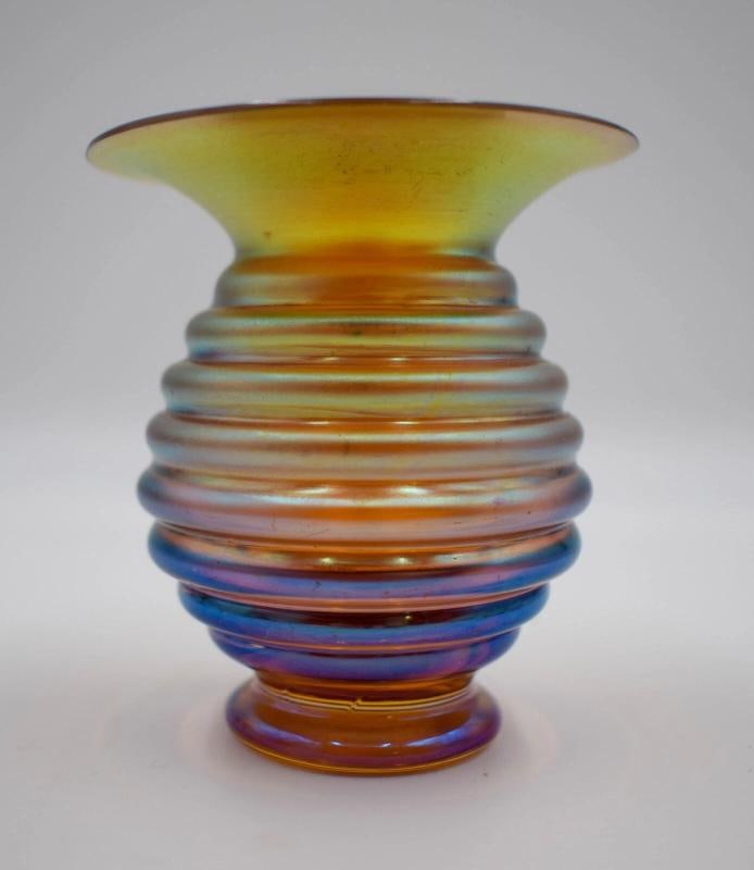 WMF Mira Art Glass Vase Iridescent with Original Label: Excellent condition. Measures 3 3/8" high by 3" wide. 