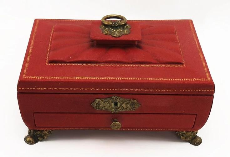 Immaculate Antique English Regency Silk Lined Leather Bound Wooden Gilded Box: Presented is an immaculate, antique English Regency/French Empire era red leather-bound locking box with a hinged top, sliding drawer and ornate brass accents made in England or France in the early