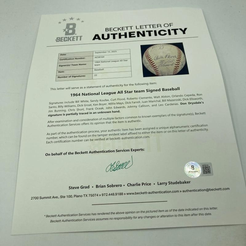 1964 All Star Game Team Signed Baseball Roberto Clemente Willie Mays Koufax PSA - 5