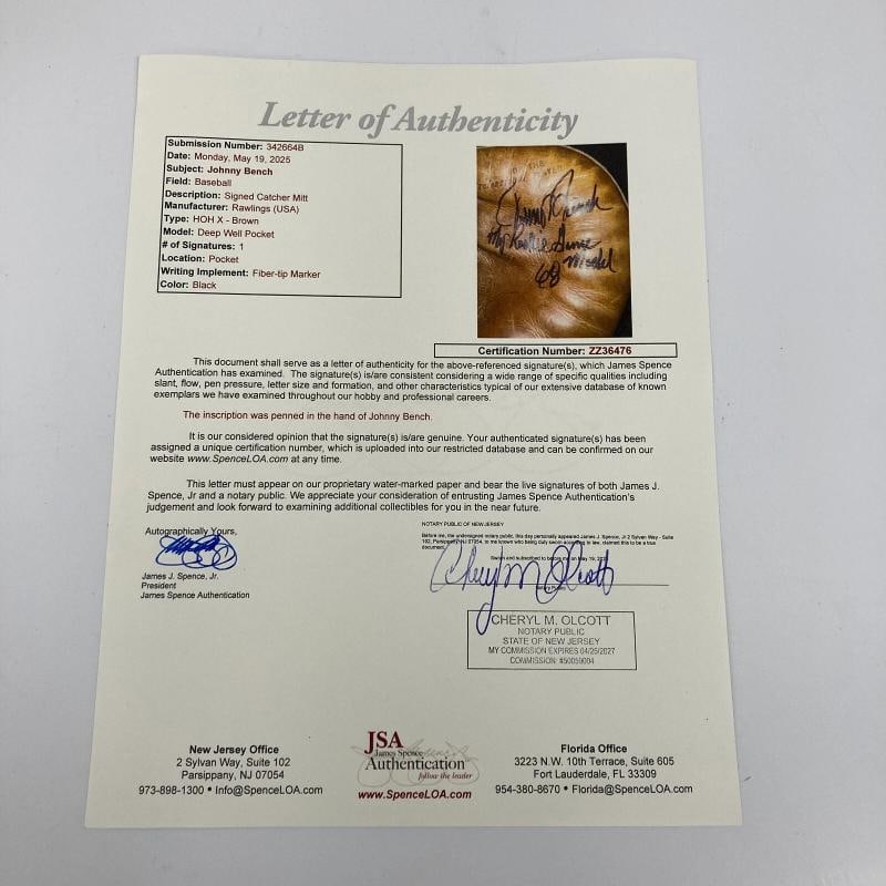 Johnny Bench Signed 1968 Rookie Game Issued Catcher's Mitt Gove JSA COA - 5