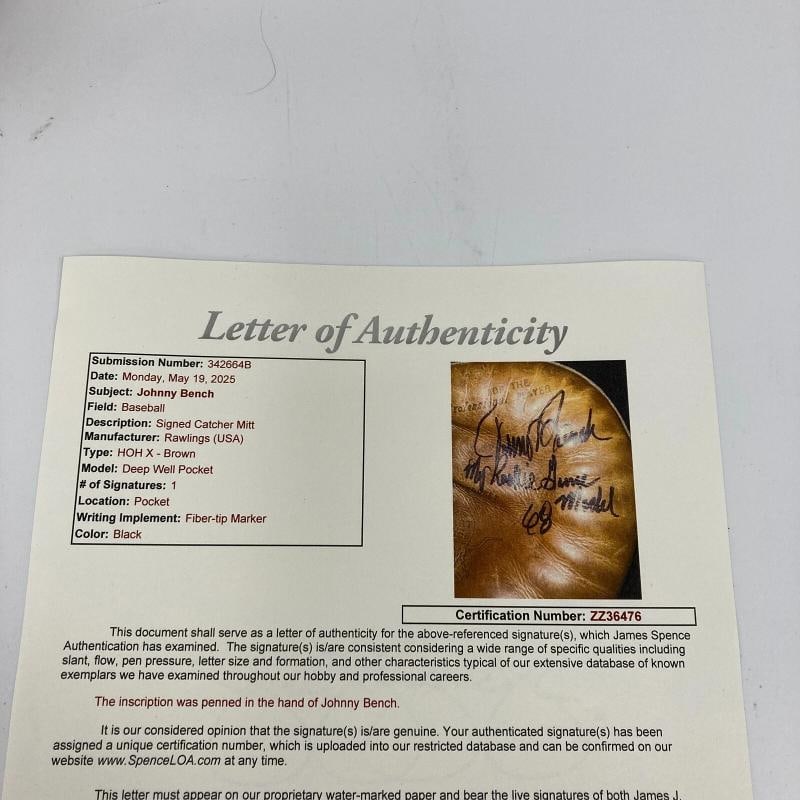 Johnny Bench Signed 1968 Rookie Game Issued Catcher's Mitt Gove JSA COA - 6