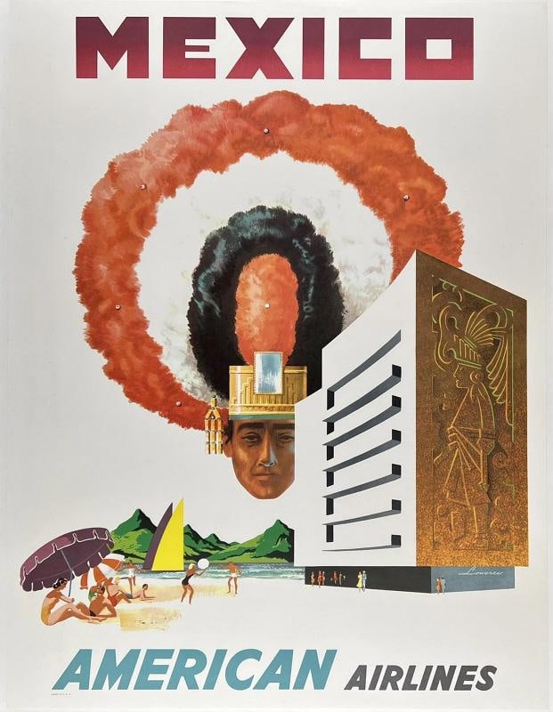 Original Vintage Poster AMERICAN AIRLINES - MEXICO Airline Travel Tourism LINEN: Dimensions: 30.3 x 39.8 in. / 77 x 101 cm.; Circa: 1960s Original vintage "AMERICAN AIRLINES - MEXICO" airline travel poster, plate signed by its artist, LOWEREE, and printed circa 1960s. 