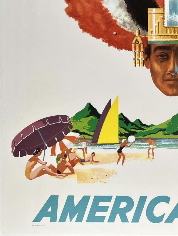 Original Vintage Poster AMERICAN AIRLINES - MEXICO Airline Travel Tourism LINEN - 4