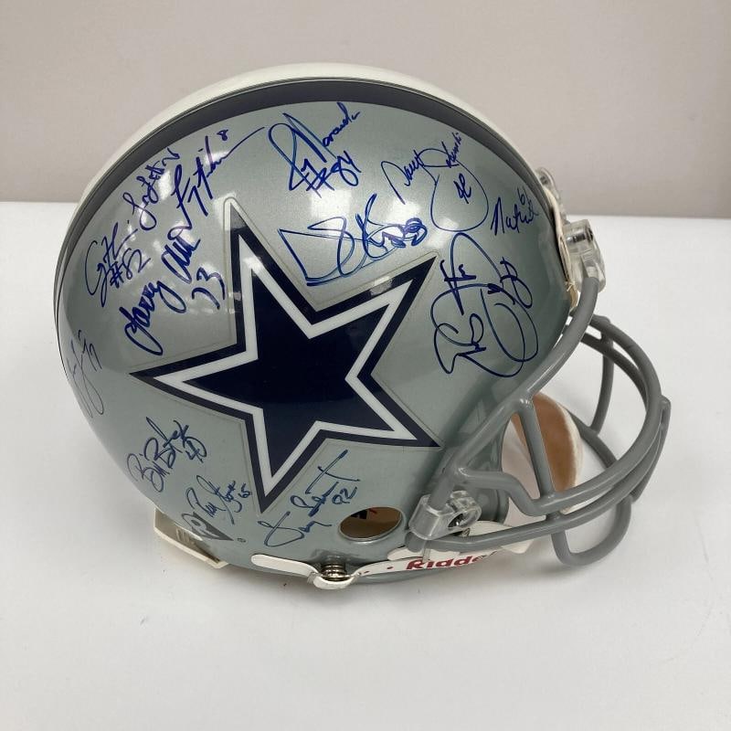 1995 Dallas Cowboys Super Bowl Champs Team Signed Authentic Helmet JSA COA: features twenty-eight (28) of the 1995 Super Bowl XXX Champion Dallas Cowboys signatures including Emmitt Smith; Troy Aikman; Michael Irvin; Larry Allen; Daryl Johnston; Jay Novacek; Jason Garrett;