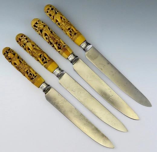 4 Antique Thai Hand Carved Stag Sheffield blades Knives10 3/4": n antique set of 4 large, meat carving knives made in Asia during the mid 1700s to the mid 1800s. These knives are almost certainly Thai in origin. The handles are intricately hand carved stag or