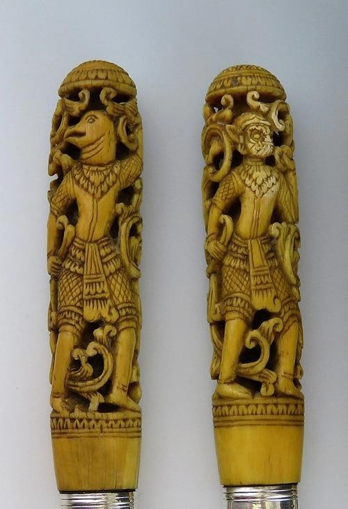 4 Antique Thai Hand Carved Stag Sheffield blades Knives10 3/4" - 2