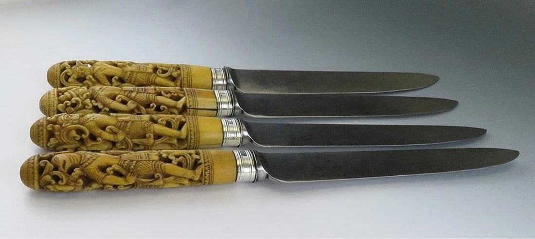 4 Antique Thai Hand Carved Stag Sheffield blades Knives10 3/4" - 4