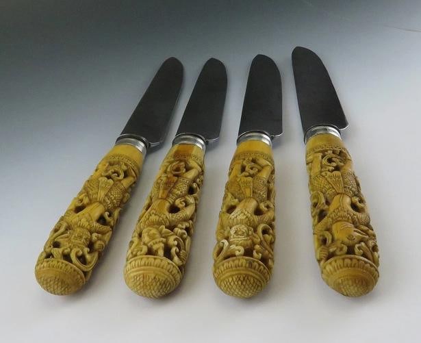 4 Antique Thai Hand Carved Stag Sheffield blades Knives10 3/4" - 5