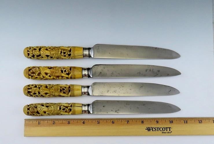 4 Antique Thai Hand Carved Stag Sheffield blades Knives10 3/4" - 6