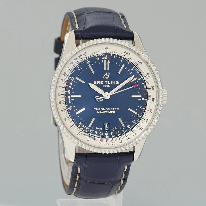 PAPERS MINT Breitling Navitimer Blue Leather Chronograph 38mm A17325 Watch Box/Papers - 3