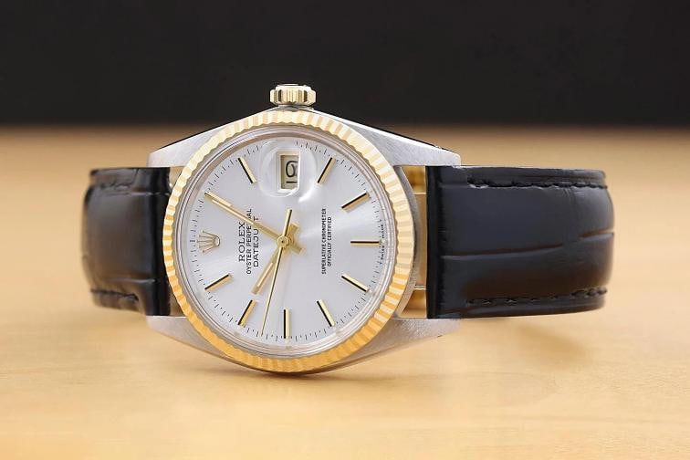 ROLEX MENS DATEJUST 16013 SILVER DIAL 18K GOLD STEEL WATCH w/ BLACK LEATHER BAND - 2