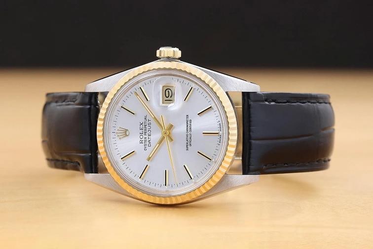 ROLEX MENS DATEJUST 16013 SILVER DIAL 18K GOLD STEEL WATCH w/ BLACK LEATHER BAND - 3