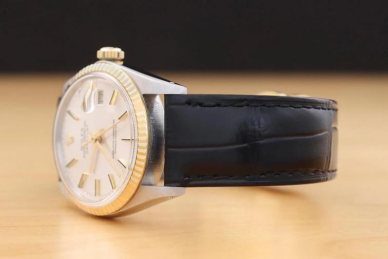 ROLEX MENS DATEJUST 16013 SILVER DIAL 18K GOLD STEEL WATCH w/ BLACK LEATHER BAND - 4