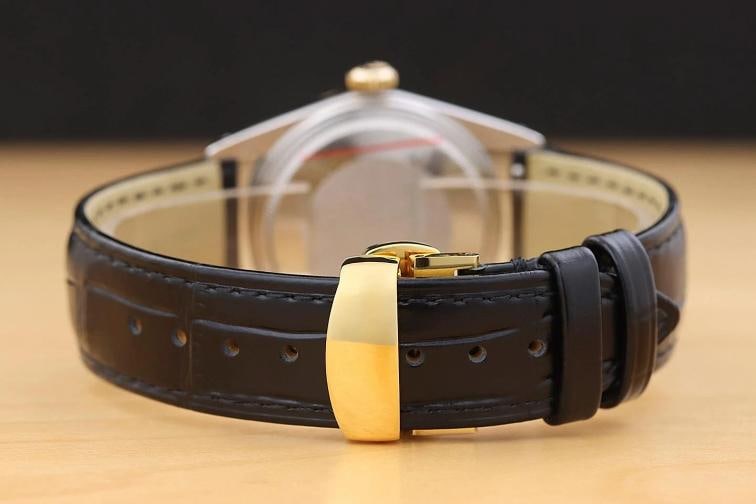 ROLEX MENS DATEJUST 16013 SILVER DIAL 18K GOLD STEEL WATCH w/ BLACK LEATHER BAND - 6