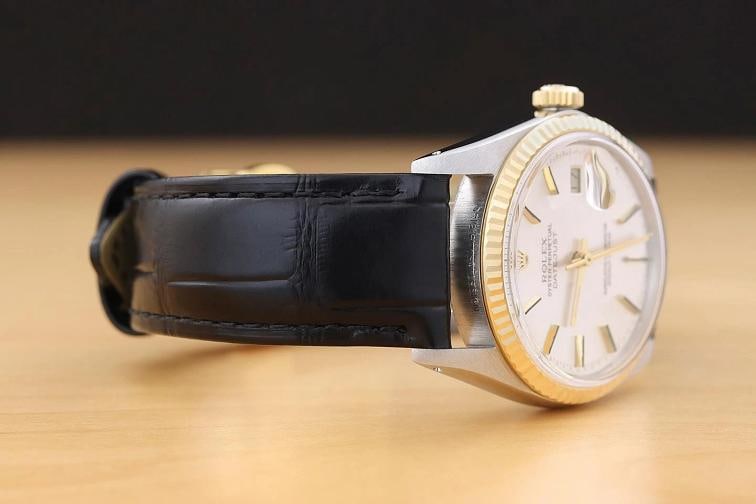 ROLEX MENS DATEJUST 16013 SILVER DIAL 18K GOLD STEEL WATCH w/ BLACK LEATHER BAND - 7