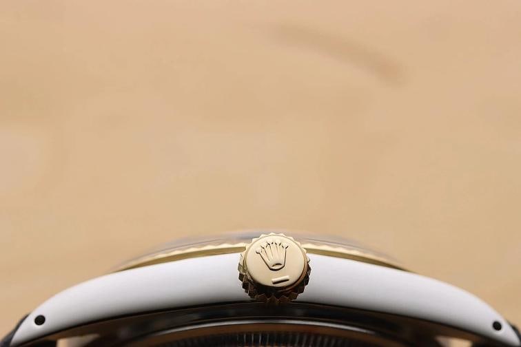 ROLEX MENS DATEJUST 16013 SILVER DIAL 18K GOLD STEEL WATCH w/ BLACK LEATHER BAND - 9