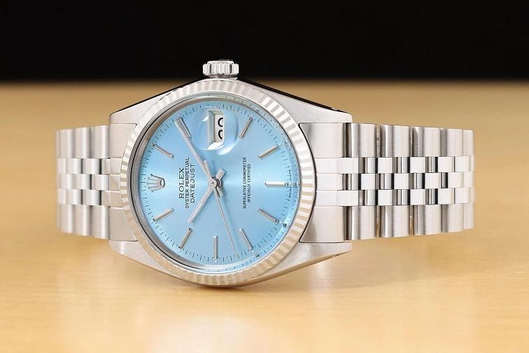 ROLEX MENS DATEJUST 16014 ICE BLUE DIAL 18K WHITE GOLD STEEL JUBILEE WATCH - 2