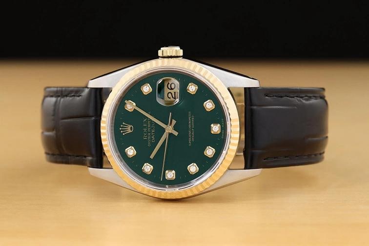 ROLEX MENS DATEJUST 16233 GREEN DIAMOND 18K GOLD STEEL BLACK LEATHER BAND WATCH - 3