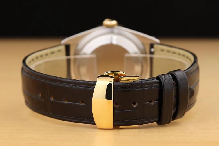 ROLEX MENS DATEJUST 16233 GREEN DIAMOND 18K GOLD STEEL BLACK LEATHER BAND WATCH - 6