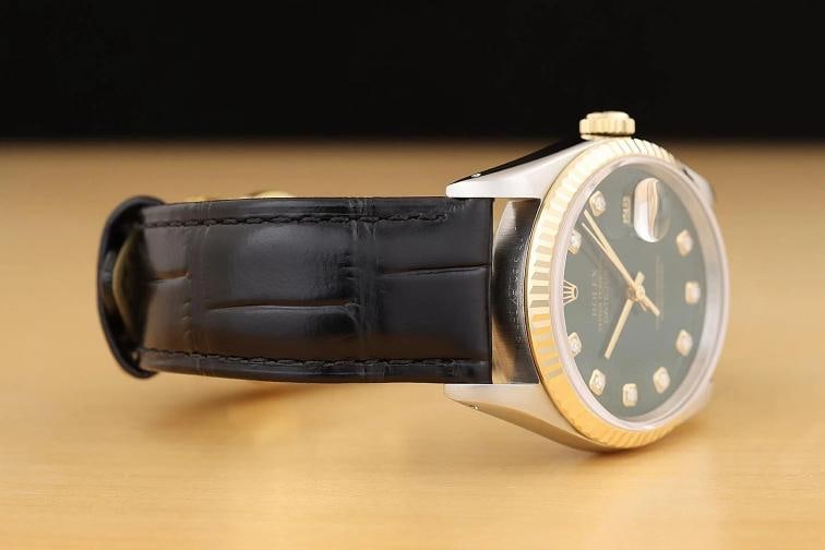 ROLEX MENS DATEJUST 16233 GREEN DIAMOND 18K GOLD STEEL BLACK LEATHER BAND WATCH - 7