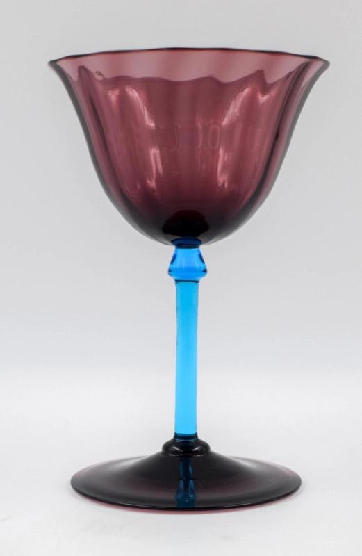 Steuben Amethyst & Celeste Blue Champagne Glass, Circa 1920, Signed.: Very good condition. Measures 4" wide by 6" tall. 