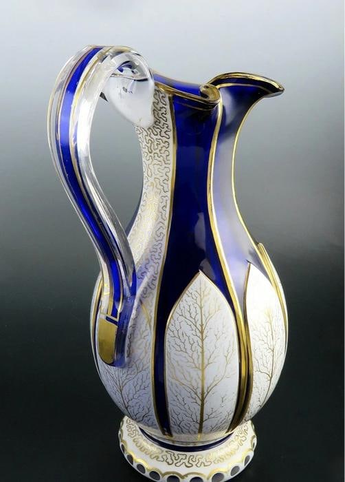 Antique Bohemian Cased Glass Gilded White on Cobalt Blue Pitcher Ewer - 2
