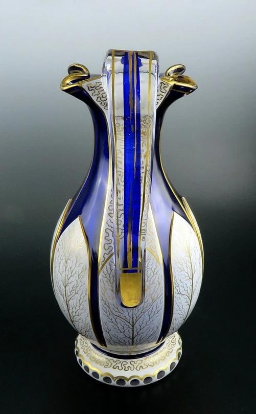 Antique Bohemian Cased Glass Gilded White on Cobalt Blue Pitcher Ewer - 3