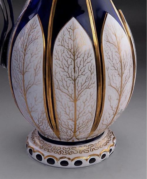 Antique Bohemian Cased Glass Gilded White on Cobalt Blue Pitcher Ewer - 5