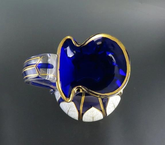 Antique Bohemian Cased Glass Gilded White on Cobalt Blue Pitcher Ewer - 7