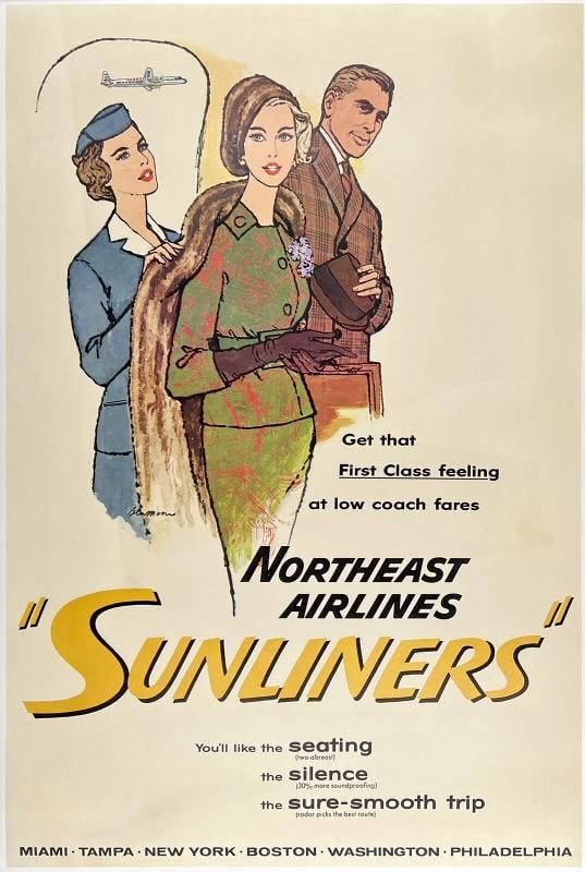 Original Vintage Poster NORTHEAST AIRLINES SUNLINERS Airline Travel Tourism OL: Dimensions: 27 x 40.4 in. / 68.6 x 102.5 cm.; Circa: 1960s Original vintage "NORTHEAST AIRLINES 'SUNLINERS'" airline travel poster, plate signed by its artist (signature illegible), and printed circa