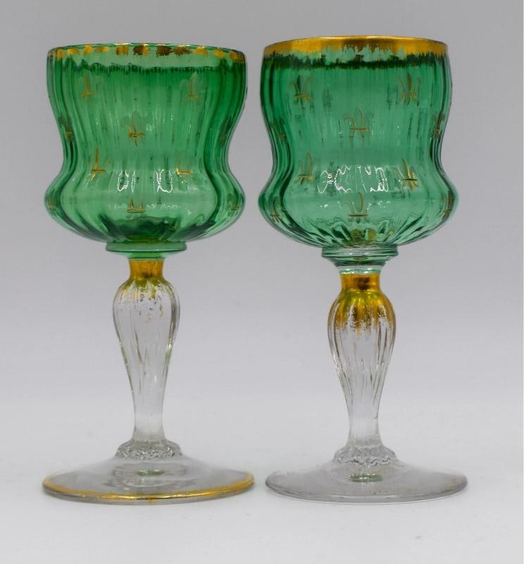 Daum Nancy French Art Glass Wines - Circa 1920 Green & Gold Wine Glasses: Very good condition with worn gold. Measures 2 3/8" diameter by 4 7/8" high. 