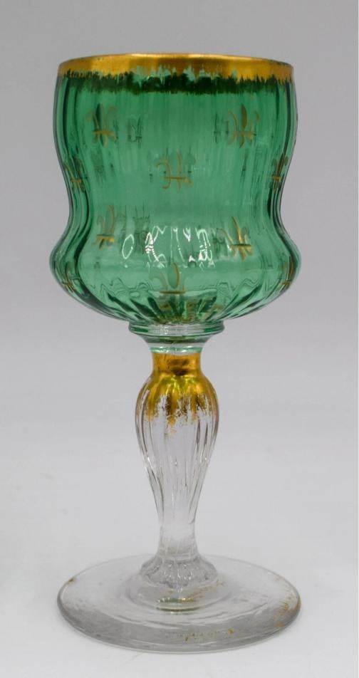 Daum Nancy French Art Glass Wines - Circa 1920 Green & Gold Wine Glasses - 2