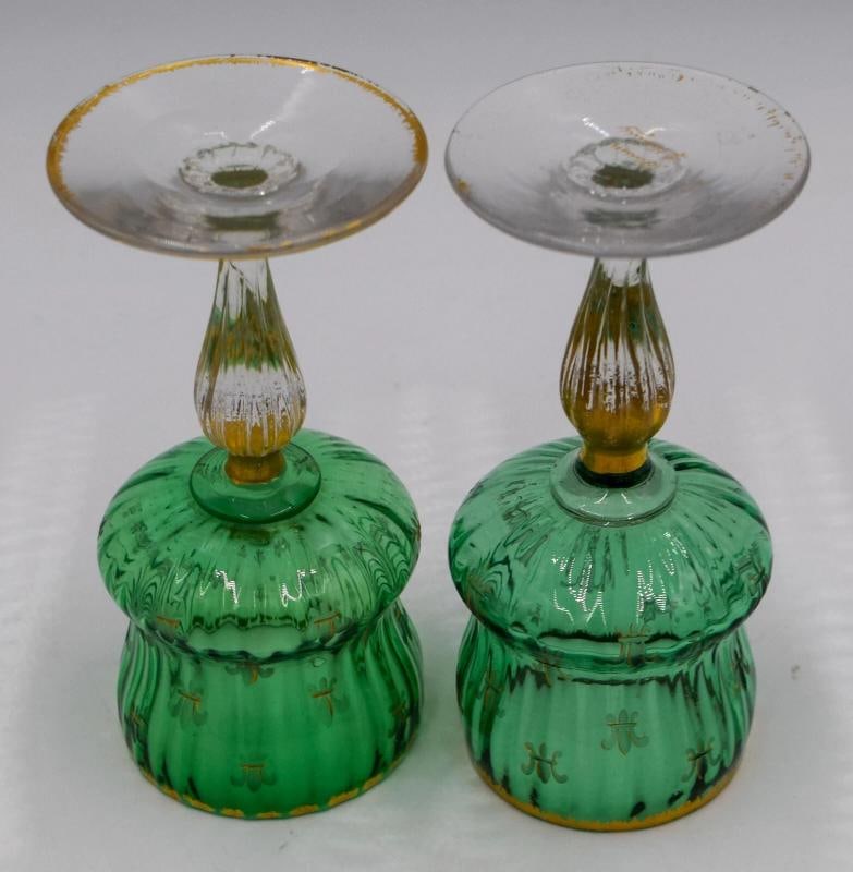 Daum Nancy French Art Glass Wines - Circa 1920 Green & Gold Wine Glasses - 8