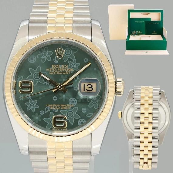 MINT Rolex DateJust 36mm Jubilee Two Tone Gold Green Floral 116233 Watch Box: Condition: Pre-owned - Excellent,Brand: Rolex,Department: Men,Type: Wristwatch,Country of Origin: Switzerland Brand Rolex (Guaranteed Authentic) Model DateJust Reference Number 116233 Serial Number
