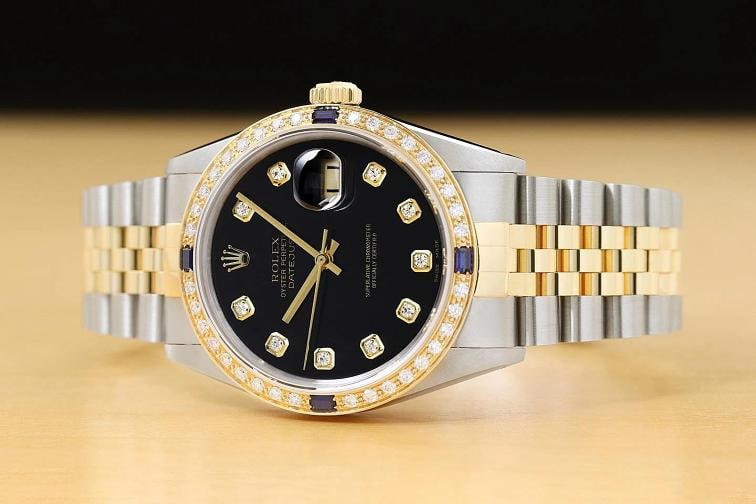 ROLEX DATEJUST 16233 BLACK FACTORY DIAMOND SAPPHIRE 18K GOLD STEEL WATCH - 2