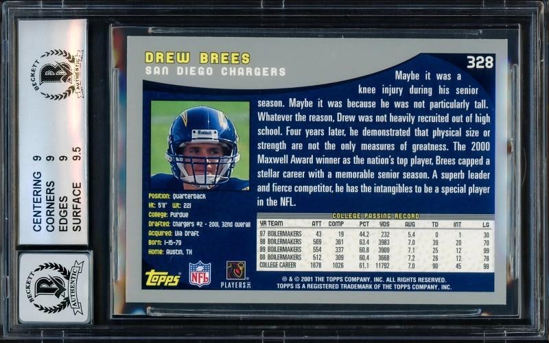 Drew Brees Signed 2001 Topps RC 328 San Diego Chargers BGS 9 Auto GM 10 Beckett - 2