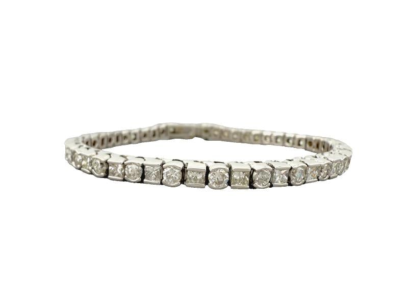 Round Diamond & Princess Cut Diamond Bezel Set Tennis Bracelet 14kt White Gold - 13