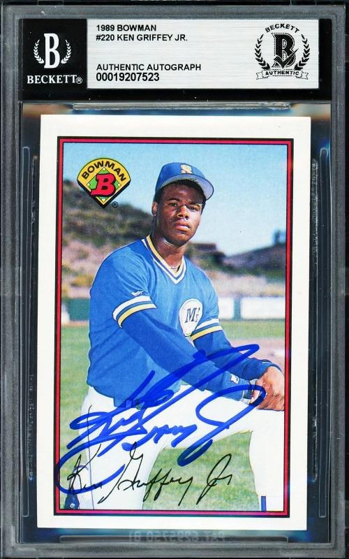 Ken Griffey Jr. Signed 1989 Bowman RC 220 Seattle Mariners Beckett: Condition: Ungraded - Very good: Not in original packaging or professionally graded ,Player/Athlete: Ken Griffey Jr.,Player: Ken Griffey Jr.,Team: Seattle Mariners,Sport: Baseball,Product: