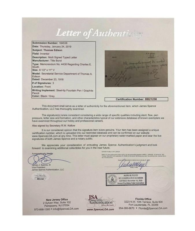 Thomas Edison Hand Signed Personal GE Letters x3 JSA COA Autograph Cut Check - 6