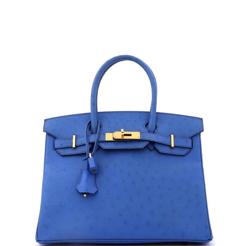 Hermes Birkin Handbag Blue Ostrich with Gold Hardware 30: Accessories: Keys, Clochette, Lock, Dust Bag Measurements: Height 9", Width 12", Depth 6". Condition: Pre-owned - Good,Brand: Hermes,Exterior Material: Ostrich,Style: Totes,Exterior Color: