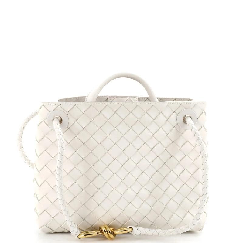 Bottega Veneta Andiamo Top Handle Bag Intrecciato Nappa Small: Measurements: Height 8", Width 10", Depth 4", Strap Drop 20" . Condition: Pre-owned - Good,Brand: Bottega Veneta,Exterior Material: Leather,Style: Top Handle,Exterior Color: White,Department: