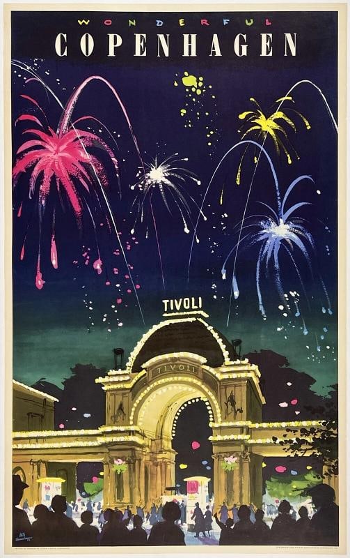 Original Vintage Poster WONDERFUL COPENHAGEN - TIVOLI Denmark Travel Tourism OL: Dimensions: 24.4 x 39.25 in. / 62 x 99.7 cm..; Circa: 1957 Original vintage "WONDERFUL COPENHAGEN - TIVOLI" Danish travel poster, plate signed by its artist, DES ASMUSSEN, and printed circa 1957. 