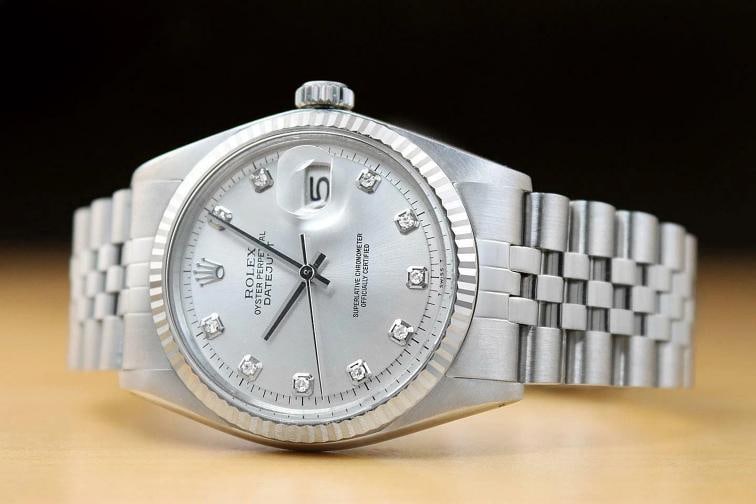 ROLEX MENS DATEJUST SILVER DIAMOND DIAL 18K WHITE GOLD STAINLESS STEEL WATCH - 2