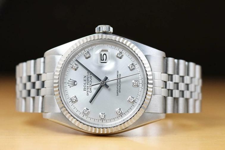 ROLEX MENS DATEJUST SILVER DIAMOND DIAL 18K WHITE GOLD STAINLESS STEEL WATCH - 3