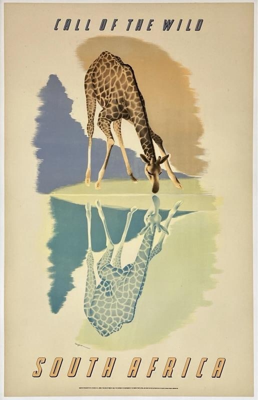 Original Vintage Poster CALL OF THE WILD SOUTH AFRICA GIRAFFE Travel Tourism OL: Dimensions: 25.2 x 39.8 in. / 64 x 101 cm.; Circa: 1950 Original vintage "CALL OF THE WILD - SOUTH AFRICA" travel poster, plate signed by its artist, SARGEANT, and printed circa 1950. 
