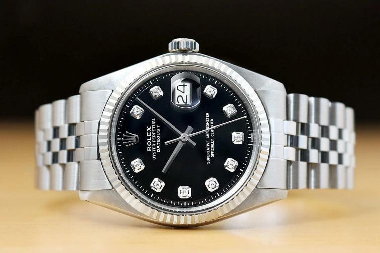 MENS ROLEX DATEJUST 1601 BLACK DIAMOND 18K WHITE GOLD STAINLESS STEEL WATCH - 3