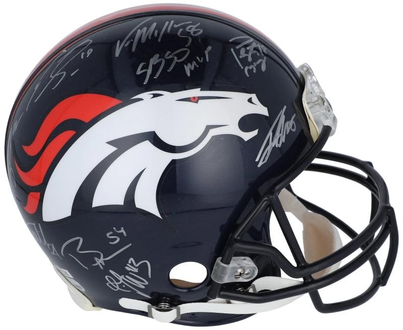 2015 Denver Broncos Super Bowl 50 Champs Team Signed Game Helmet JSA COA: signed in silver marker by 15 members of the Super Bowl 50 champion Denver Broncos. Key signatures on the helmet include those of Hall of Famer Peyton Manning, Von Miller, Derek Wolfe, Emmanuel