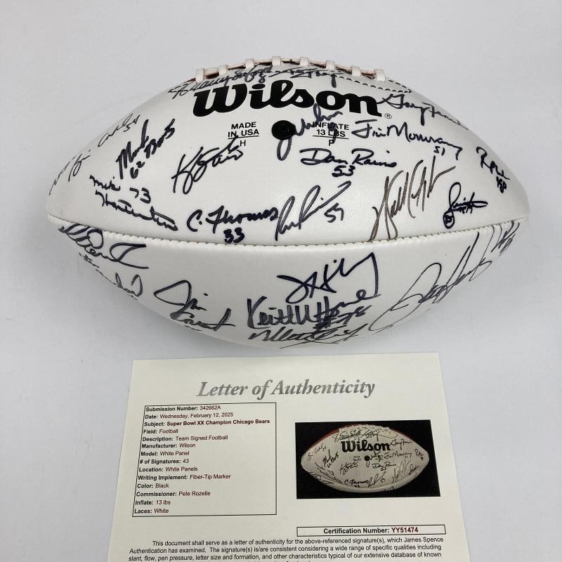 1985 Super Bowl Champs Chicago Bears Team Signed Football Walter Payton JSA COA: signed by 43 members of the memorable Super Bowl champion 1985 Chicago Bears. Key signatures on the ball in black marker include those of Hall of Famers Walter Payton and Richard Dent, with