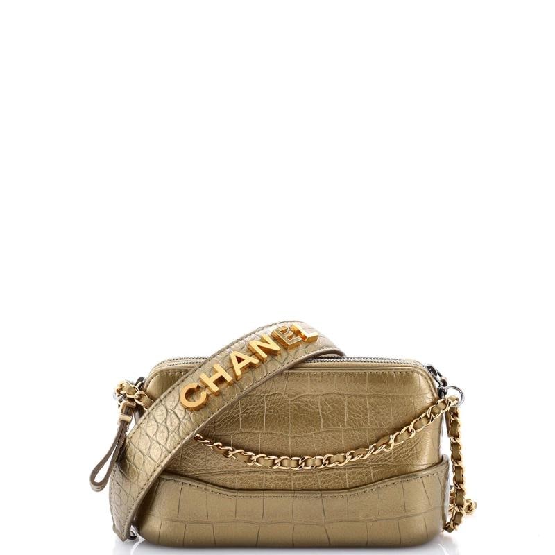 Chanel Gabrielle Logo Handle Double Zip Clutch with Chain Crocodile Embossed: Condition: Pre-owned - Good,Brand: Chanel,Exterior Material: Leather,Style: Shoulder Bags,Exterior Color: Gold,Department: Women,Size: Unknown,Accessories: Dust Bag, Authenticity Card 