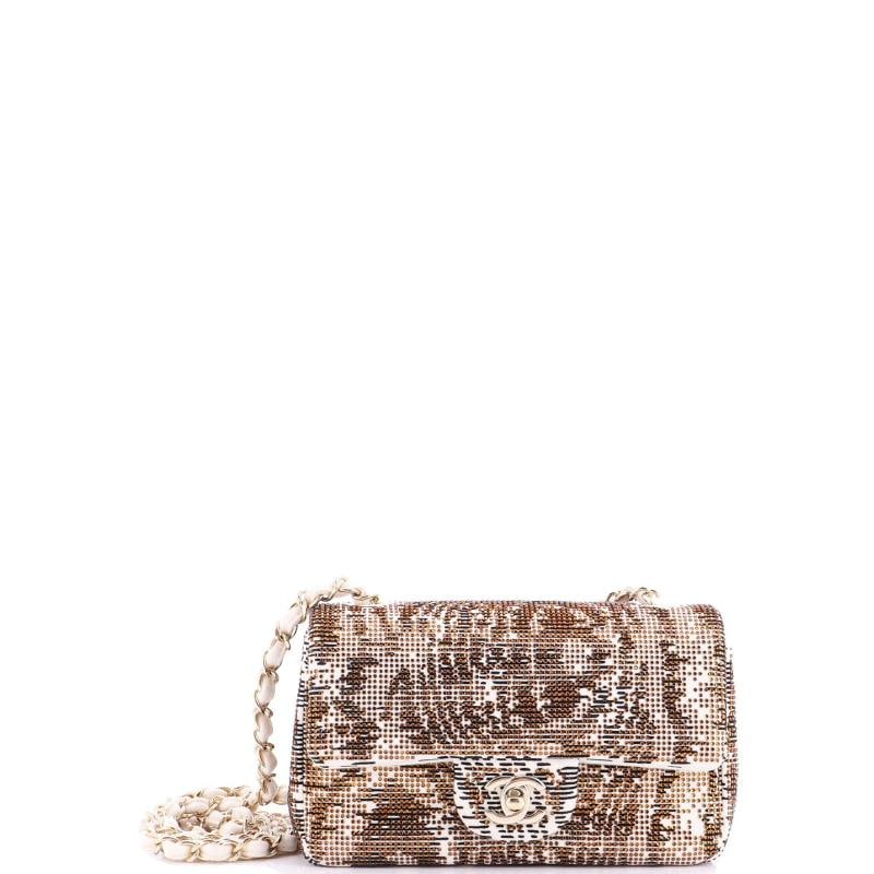 Chanel Classic Single Flap Bag Crystal Embellished Printed Felt Mini: Condition: Pre-owned - Excellent,Brand: Chanel,Exterior Material: Crystal, Felt,Style: Shoulder Bags,Exterior Color: Neutral,Department: Women,Size: Mini Condition: Great. Exterior: minor scuffs,